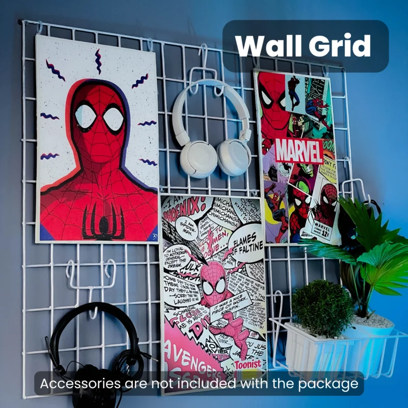 White Wall Grid with 1 Grid Tray and 2 Hooks for Wall Decoration