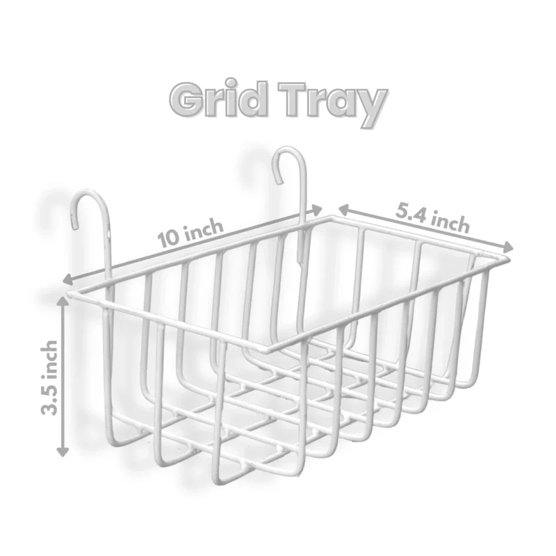 White Wall Grid with 1 Grid Tray and 2 Hooks for Wall Decoration
