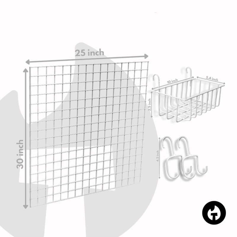 White Wall Grid with 1 Grid Tray and 2 Hooks for Wall Decoration