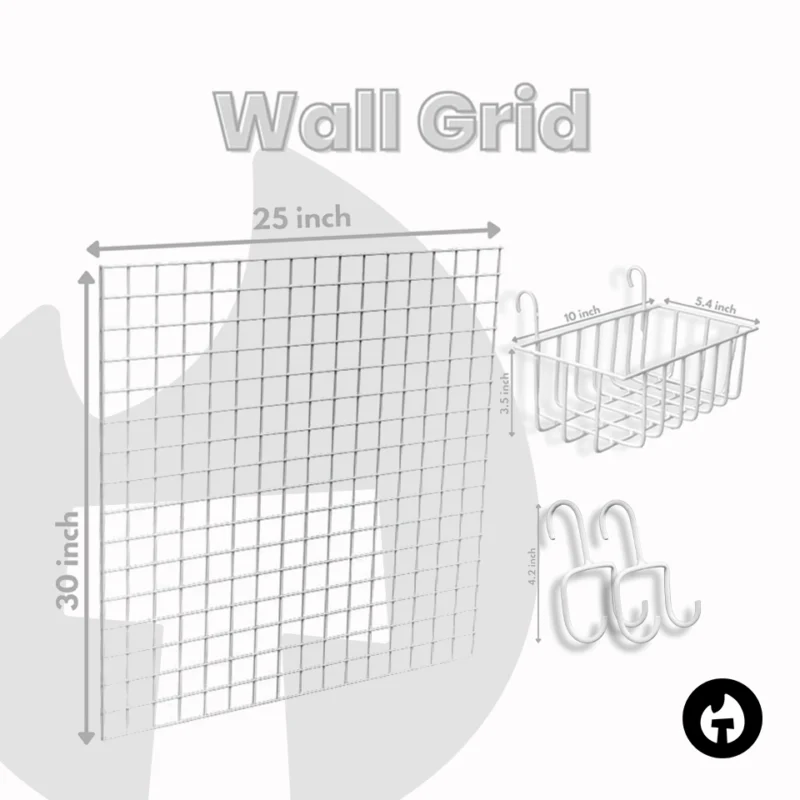 White Wall Grid with 1 Grid Tray and 2 Hooks for Wall Decoration